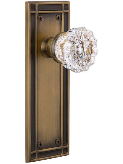 Mission Door Set with Fluted-Crystal Glass Knobs in Antique Brass.